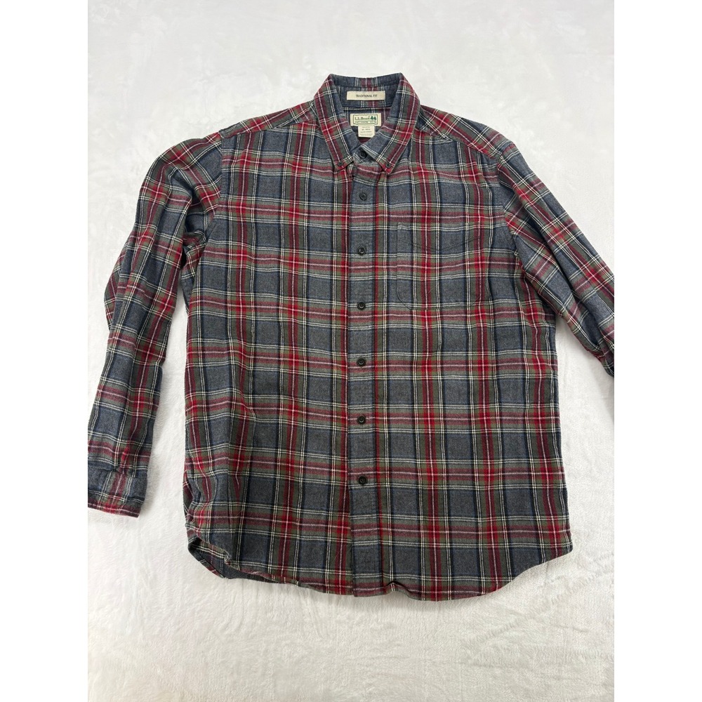 L.L. Bean Flannel Shirt Mens Medium Shirt Grey Red Plaid Traditional Fit‎ 228061